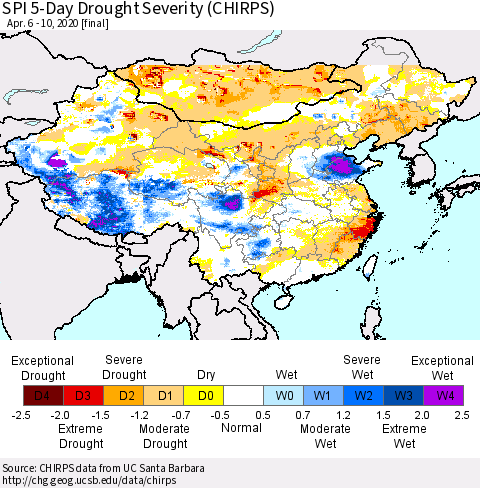 China, Mongolia and Taiwan SPI 5-Day Drought Severity (CHIRPS) Thematic Map For 4/6/2020 - 4/10/2020