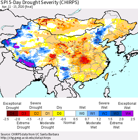 China and Taiwan SPI 5-Day Drought Severity (CHIRPS) Thematic Map For 4/11/2020 - 4/15/2020
