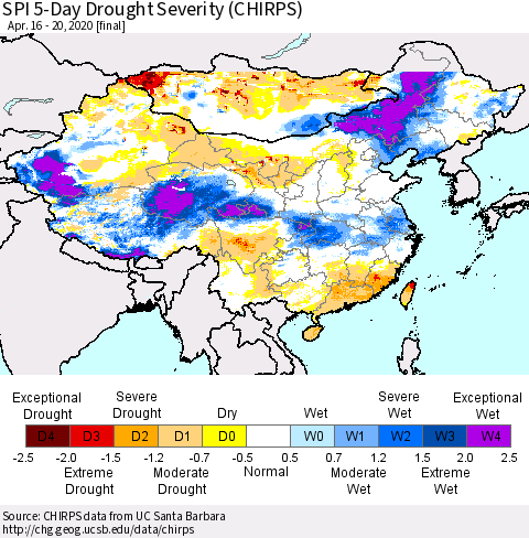 China, Mongolia and Taiwan SPI 5-Day Drought Severity (CHIRPS) Thematic Map For 4/16/2020 - 4/20/2020