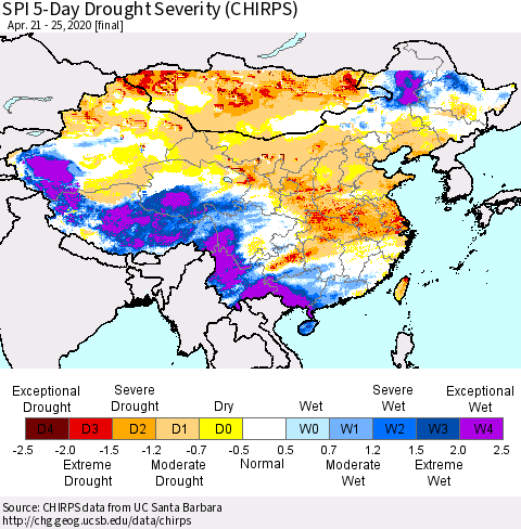 China and Taiwan SPI 5-Day Drought Severity (CHIRPS) Thematic Map For 4/21/2020 - 4/25/2020