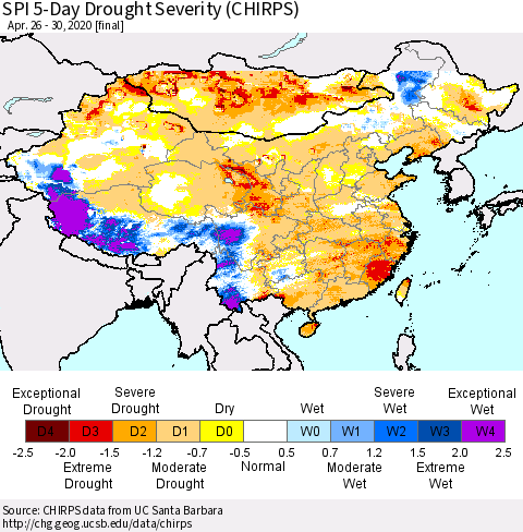 China and Taiwan SPI 5-Day Drought Severity (CHIRPS) Thematic Map For 4/26/2020 - 4/30/2020
