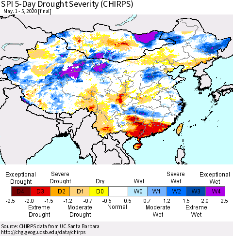 China and Taiwan SPI 5-Day Drought Severity (CHIRPS) Thematic Map For 5/1/2020 - 5/5/2020