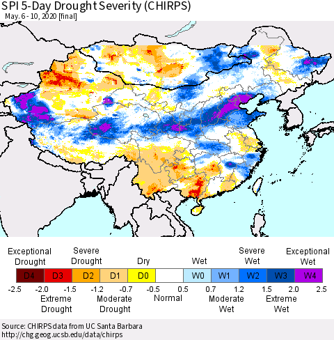 China, Mongolia and Taiwan SPI 5-Day Drought Severity (CHIRPS) Thematic Map For 5/6/2020 - 5/10/2020