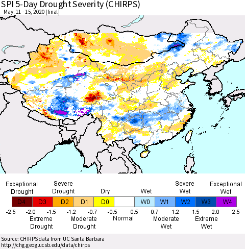 China and Taiwan SPI 5-Day Drought Severity (CHIRPS) Thematic Map For 5/11/2020 - 5/15/2020