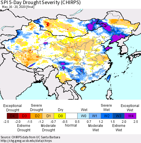 China and Taiwan SPI 5-Day Drought Severity (CHIRPS) Thematic Map For 5/16/2020 - 5/20/2020