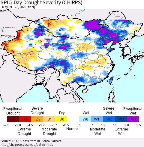 China and Taiwan SPI 5-Day Drought Severity (CHIRPS) Thematic Map For 5/21/2020 - 5/25/2020