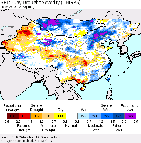China and Taiwan SPI 5-Day Drought Severity (CHIRPS) Thematic Map For 5/26/2020 - 5/31/2020