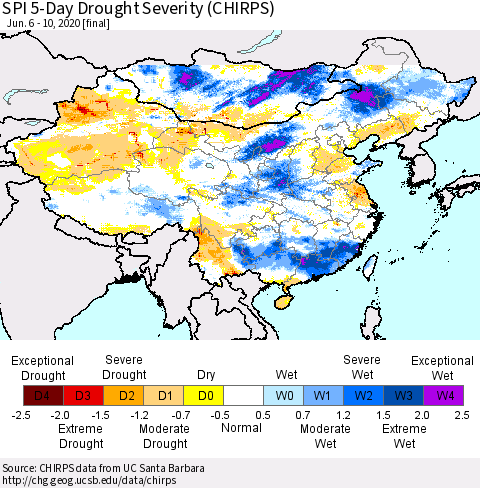 China and Taiwan SPI 5-Day Drought Severity (CHIRPS) Thematic Map For 6/6/2020 - 6/10/2020