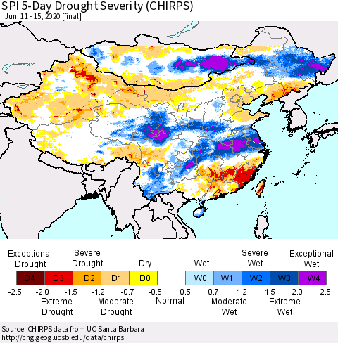 China and Taiwan SPI 5-Day Drought Severity (CHIRPS) Thematic Map For 6/11/2020 - 6/15/2020