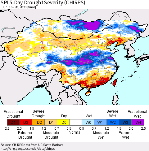 China, Mongolia and Taiwan SPI 5-Day Drought Severity (CHIRPS) Thematic Map For 6/16/2020 - 6/20/2020