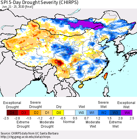 China and Taiwan SPI 5-Day Drought Severity (CHIRPS) Thematic Map For 6/21/2020 - 6/25/2020