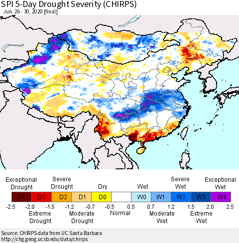 China, Mongolia and Taiwan SPI 5-Day Drought Severity (CHIRPS) Thematic Map For 6/26/2020 - 6/30/2020