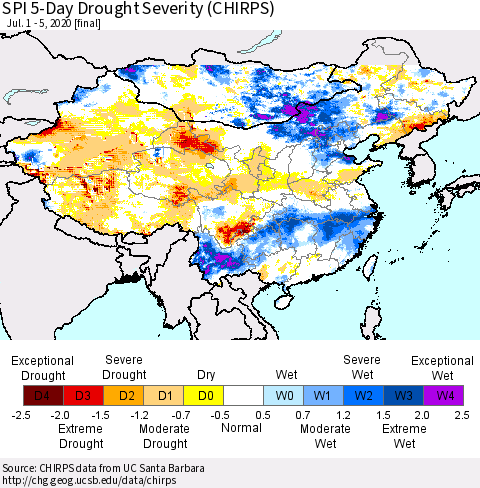 China, Mongolia and Taiwan SPI 5-Day Drought Severity (CHIRPS) Thematic Map For 7/1/2020 - 7/5/2020