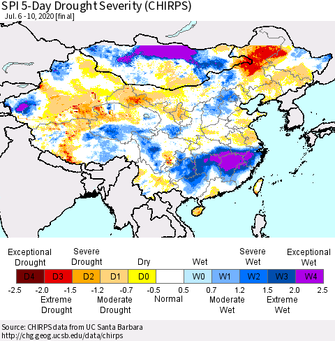 China, Mongolia and Taiwan SPI 5-Day Drought Severity (CHIRPS) Thematic Map For 7/6/2020 - 7/10/2020