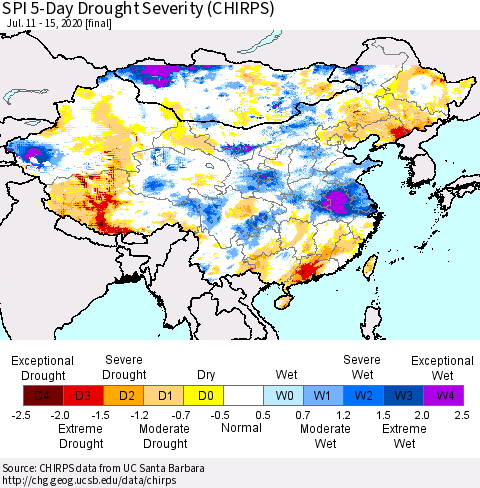 China, Mongolia and Taiwan SPI 5-Day Drought Severity (CHIRPS) Thematic Map For 7/11/2020 - 7/15/2020