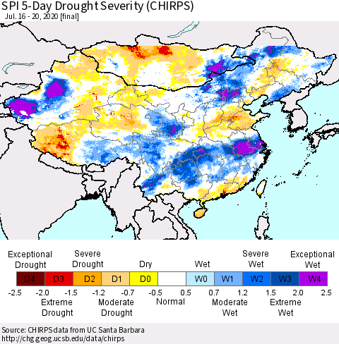 China, Mongolia and Taiwan SPI 5-Day Drought Severity (CHIRPS) Thematic Map For 7/16/2020 - 7/20/2020