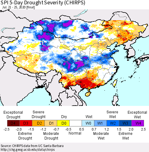 China, Mongolia and Taiwan SPI 5-Day Drought Severity (CHIRPS) Thematic Map For 7/21/2020 - 7/25/2020