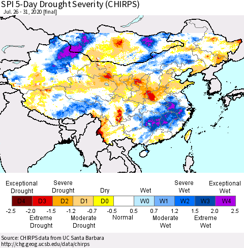 China, Mongolia and Taiwan SPI 5-Day Drought Severity (CHIRPS) Thematic Map For 7/26/2020 - 7/31/2020