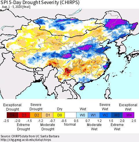 China, Mongolia and Taiwan SPI 5-Day Drought Severity (CHIRPS) Thematic Map For 8/1/2020 - 8/5/2020