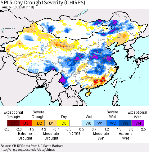 China, Mongolia and Taiwan SPI 5-Day Drought Severity (CHIRPS) Thematic Map For 8/6/2020 - 8/10/2020