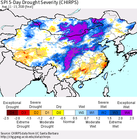 China, Mongolia and Taiwan SPI 5-Day Drought Severity (CHIRPS) Thematic Map For 8/11/2020 - 8/15/2020