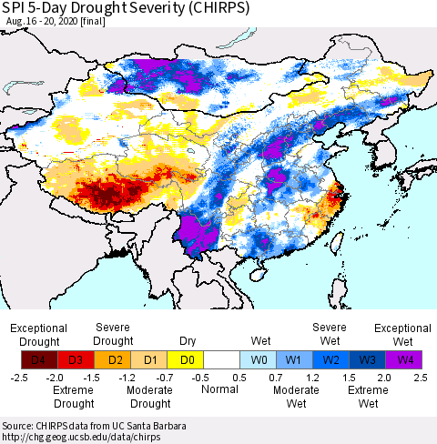 China, Mongolia and Taiwan SPI 5-Day Drought Severity (CHIRPS) Thematic Map For 8/16/2020 - 8/20/2020