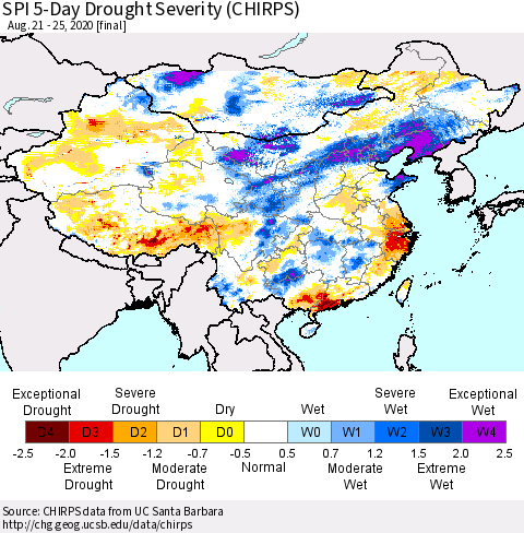 China, Mongolia and Taiwan SPI 5-Day Drought Severity (CHIRPS) Thematic Map For 8/21/2020 - 8/25/2020