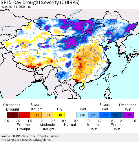 China, Mongolia and Taiwan SPI 5-Day Drought Severity (CHIRPS) Thematic Map For 8/26/2020 - 8/31/2020