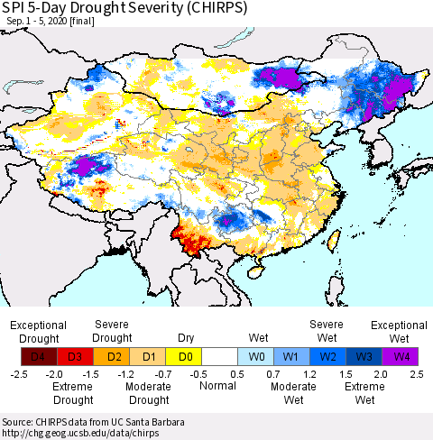 China, Mongolia and Taiwan SPI 5-Day Drought Severity (CHIRPS) Thematic Map For 9/1/2020 - 9/5/2020