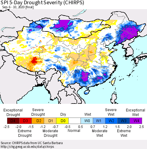 China, Mongolia and Taiwan SPI 5-Day Drought Severity (CHIRPS) Thematic Map For 9/6/2020 - 9/10/2020