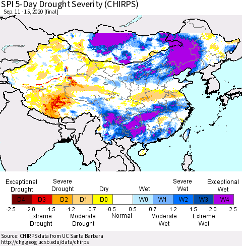 China, Mongolia and Taiwan SPI 5-Day Drought Severity (CHIRPS) Thematic Map For 9/11/2020 - 9/15/2020