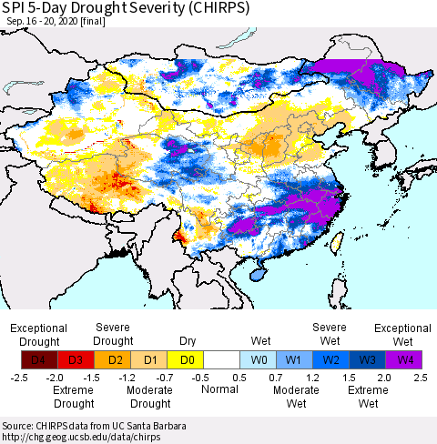 China, Mongolia and Taiwan SPI 5-Day Drought Severity (CHIRPS) Thematic Map For 9/16/2020 - 9/20/2020
