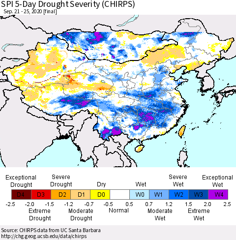 China, Mongolia and Taiwan SPI 5-Day Drought Severity (CHIRPS) Thematic Map For 9/21/2020 - 9/25/2020