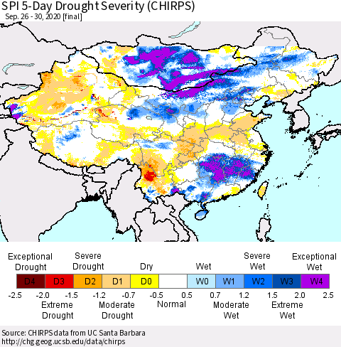China, Mongolia and Taiwan SPI 5-Day Drought Severity (CHIRPS) Thematic Map For 9/26/2020 - 9/30/2020