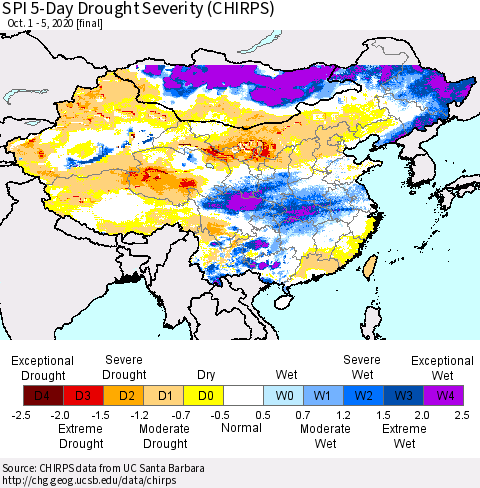 China, Mongolia and Taiwan SPI 5-Day Drought Severity (CHIRPS) Thematic Map For 10/1/2020 - 10/5/2020