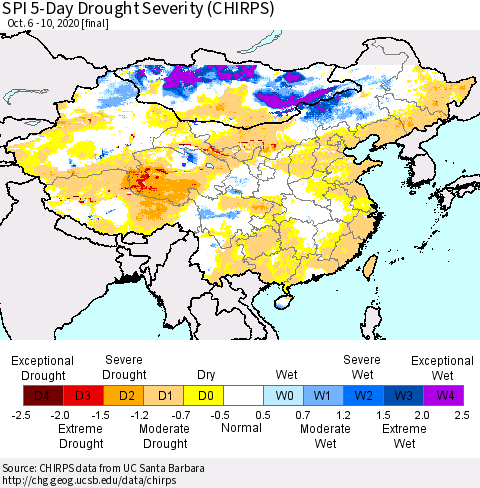 China, Mongolia and Taiwan SPI 5-Day Drought Severity (CHIRPS) Thematic Map For 10/6/2020 - 10/10/2020
