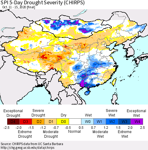 China, Mongolia and Taiwan SPI 5-Day Drought Severity (CHIRPS) Thematic Map For 10/11/2020 - 10/15/2020