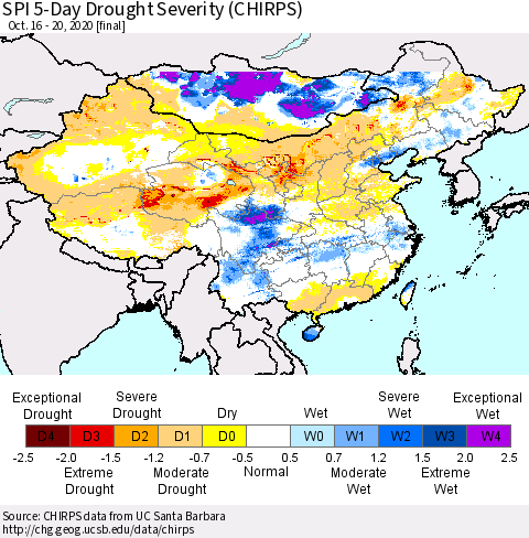 China, Mongolia and Taiwan SPI 5-Day Drought Severity (CHIRPS) Thematic Map For 10/16/2020 - 10/20/2020