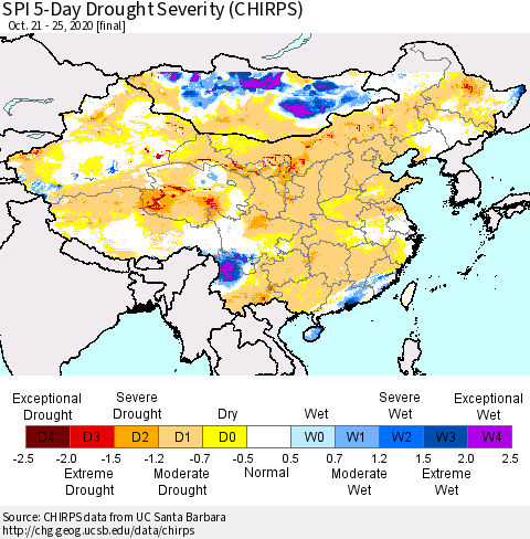China, Mongolia and Taiwan SPI 5-Day Drought Severity (CHIRPS) Thematic Map For 10/21/2020 - 10/25/2020