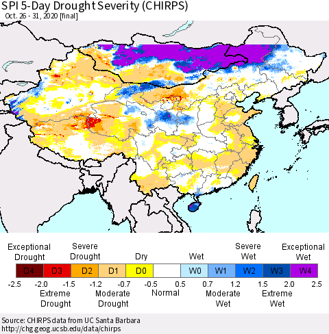 China, Mongolia and Taiwan SPI 5-Day Drought Severity (CHIRPS) Thematic Map For 10/26/2020 - 10/31/2020