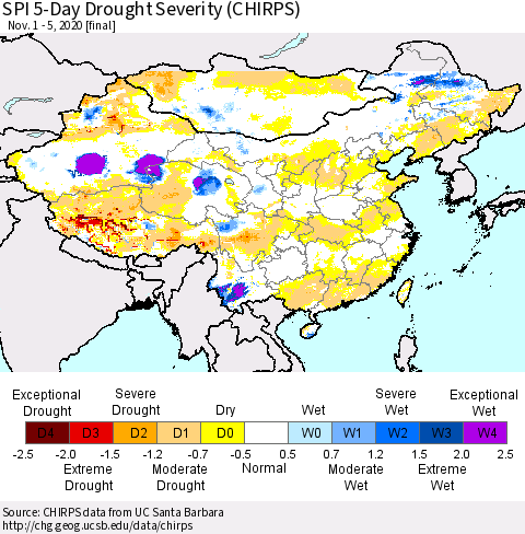 China, Mongolia and Taiwan SPI 5-Day Drought Severity (CHIRPS) Thematic Map For 11/1/2020 - 11/5/2020