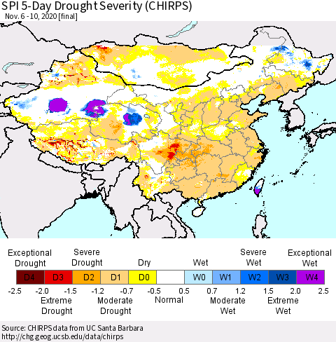 China, Mongolia and Taiwan SPI 5-Day Drought Severity (CHIRPS) Thematic Map For 11/6/2020 - 11/10/2020