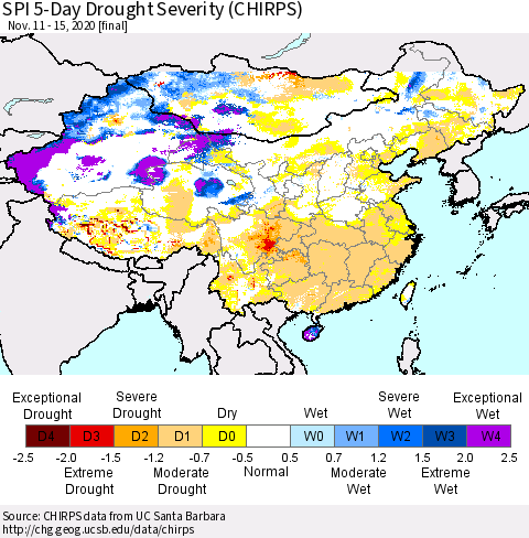 China, Mongolia and Taiwan SPI 5-Day Drought Severity (CHIRPS) Thematic Map For 11/11/2020 - 11/15/2020