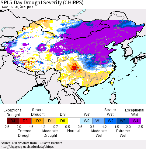 China, Mongolia and Taiwan SPI 5-Day Drought Severity (CHIRPS) Thematic Map For 11/16/2020 - 11/20/2020