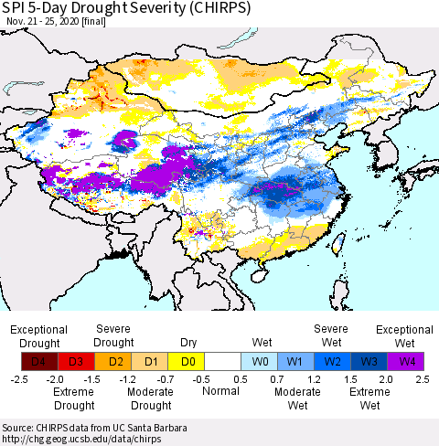 China, Mongolia and Taiwan SPI 5-Day Drought Severity (CHIRPS) Thematic Map For 11/21/2020 - 11/25/2020