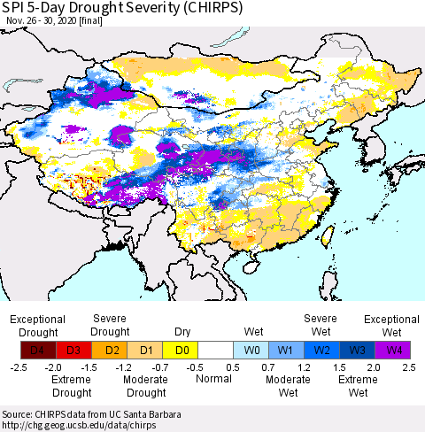 China, Mongolia and Taiwan SPI 5-Day Drought Severity (CHIRPS) Thematic Map For 11/26/2020 - 11/30/2020