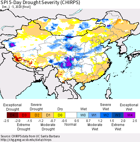 China, Mongolia and Taiwan SPI 5-Day Drought Severity (CHIRPS) Thematic Map For 12/1/2020 - 12/5/2020