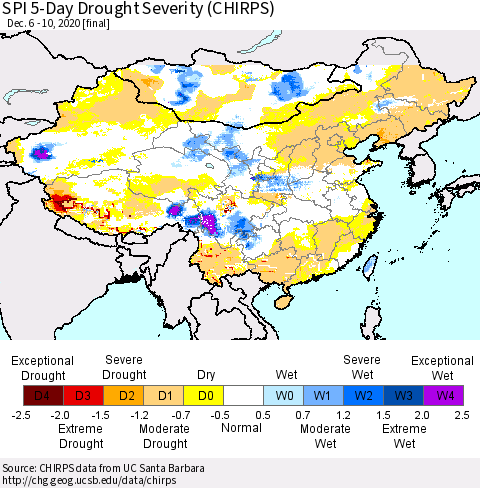China, Mongolia and Taiwan SPI 5-Day Drought Severity (CHIRPS) Thematic Map For 12/6/2020 - 12/10/2020