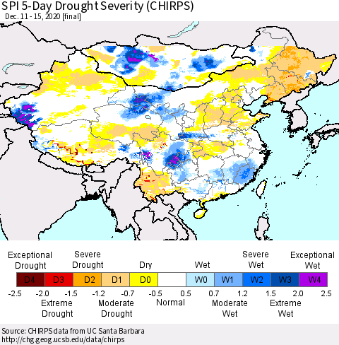 China, Mongolia and Taiwan SPI 5-Day Drought Severity (CHIRPS) Thematic Map For 12/11/2020 - 12/15/2020