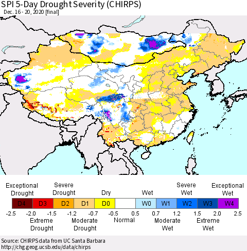 China, Mongolia and Taiwan SPI 5-Day Drought Severity (CHIRPS) Thematic Map For 12/16/2020 - 12/20/2020